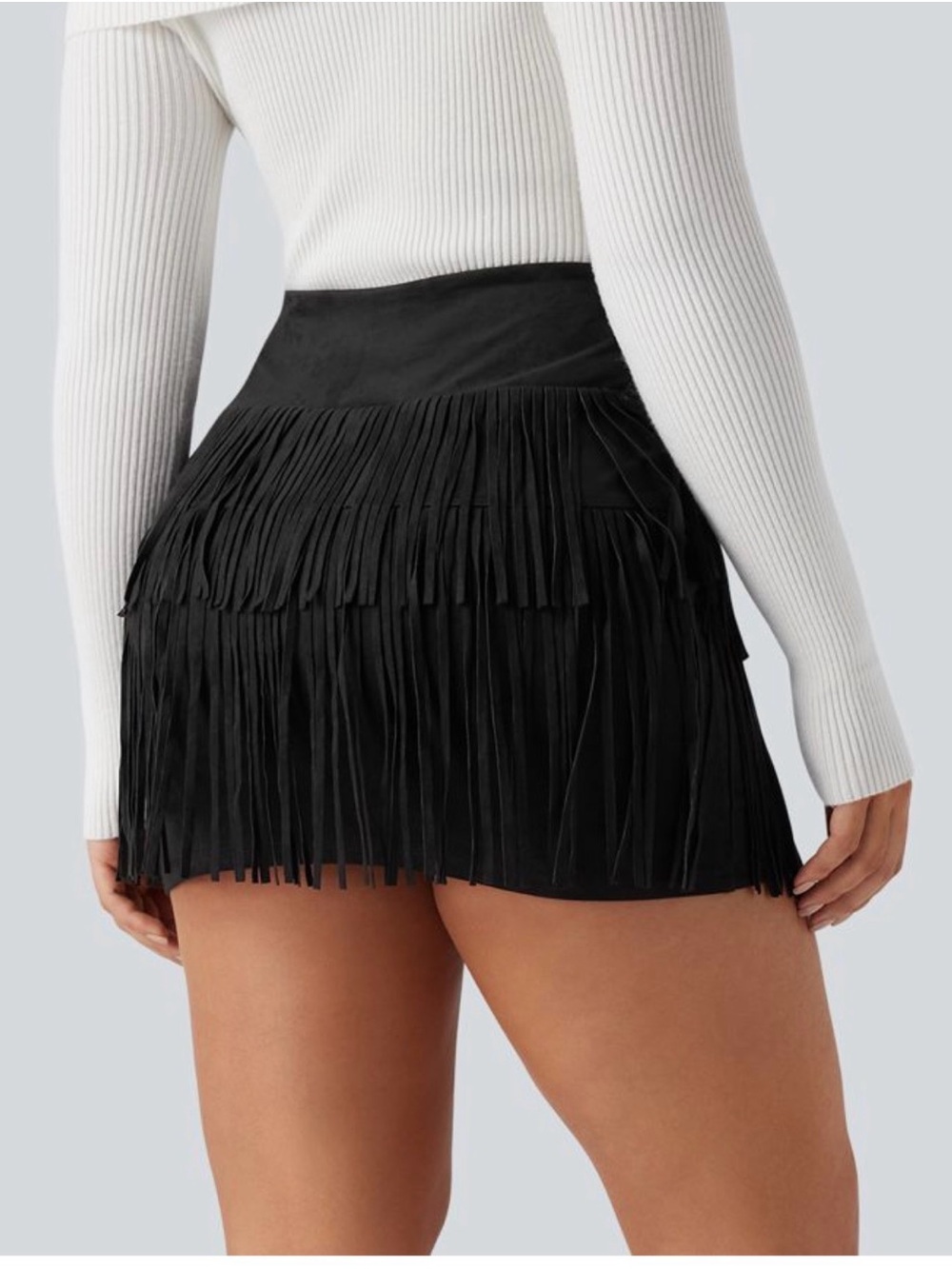 HALARA Black Suede Fringe Mini Skirt - Picture 2 of 5